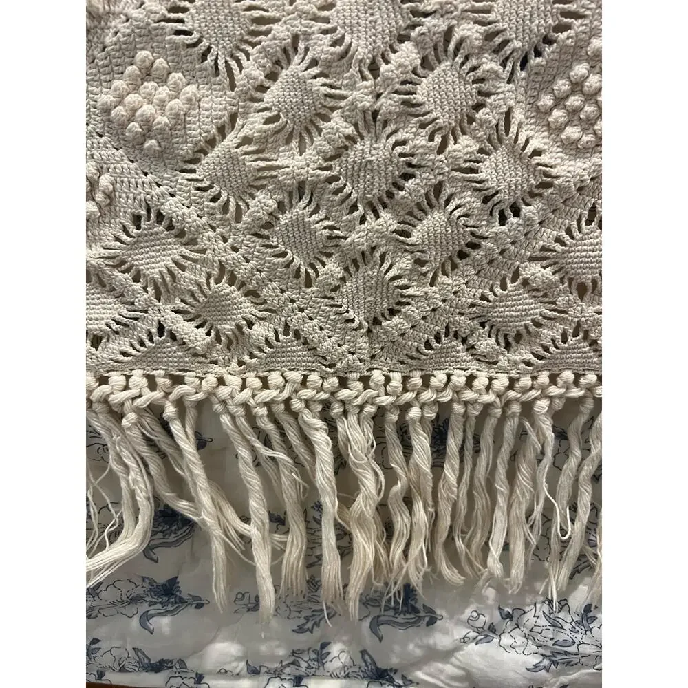 Antique Crochet Bedspread Coverlet Cotton Popcorn Stitch 80x88 Cream Colored‎